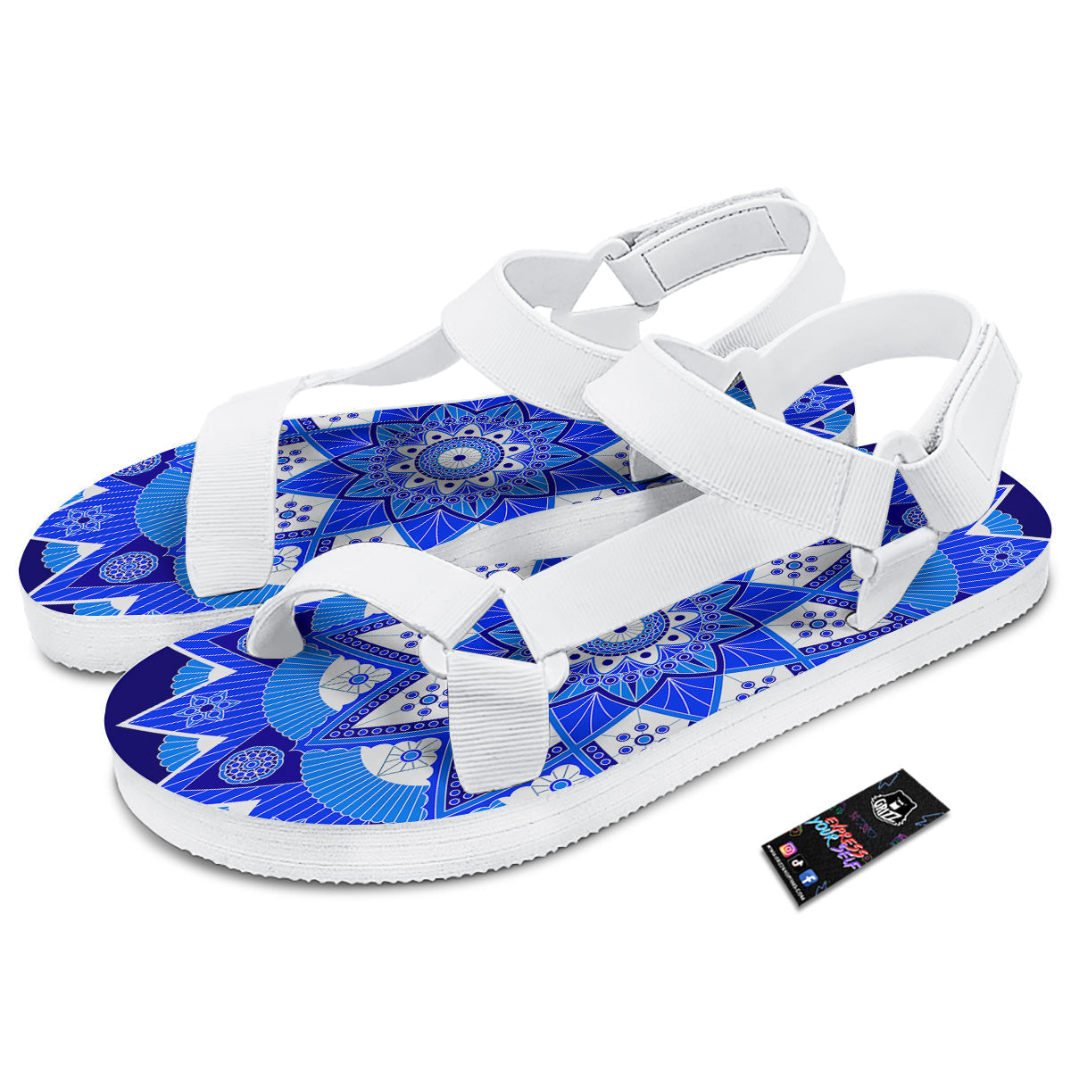 Bohemian Mandala White And Blue Print White Open Toe Sandals-grizzshop