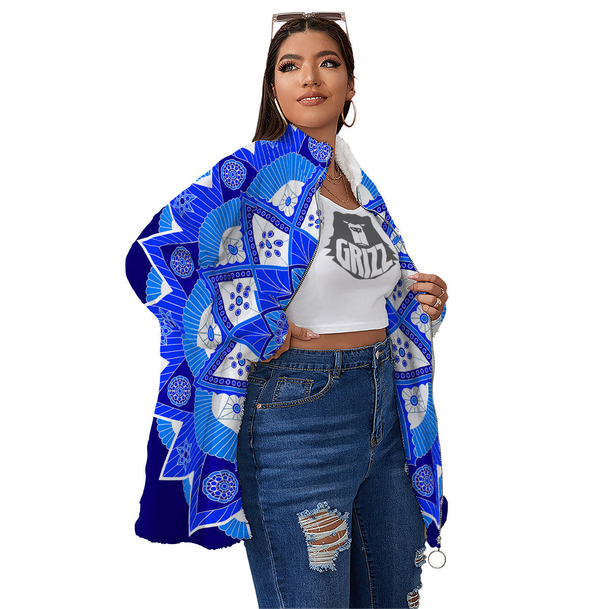 Bohemian Mandala White And Blue Print Women's Sherpa Jacket-grizzshop