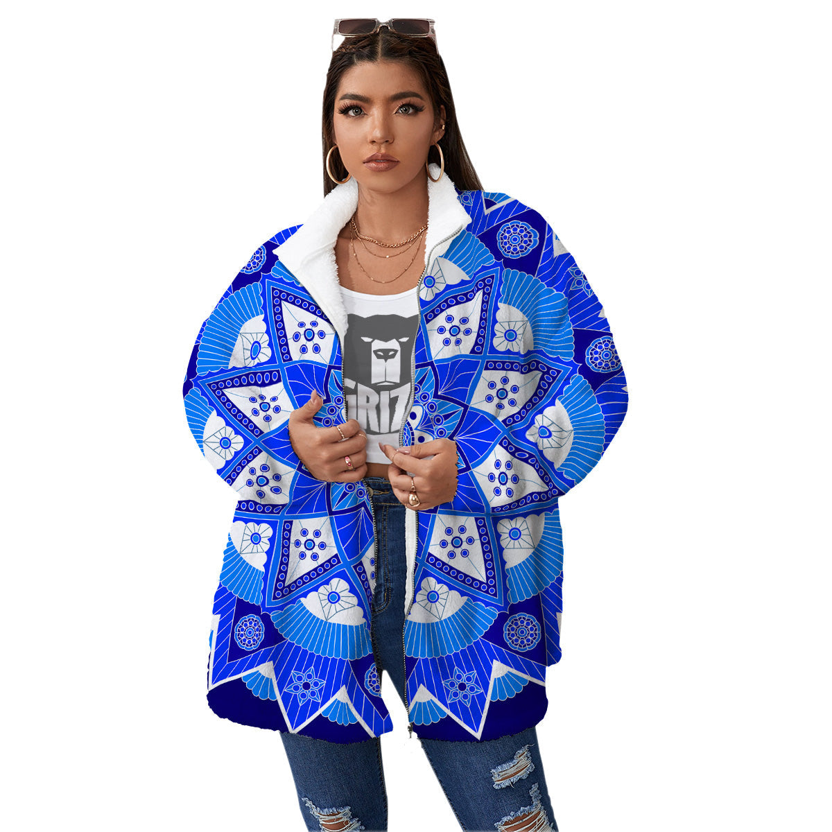 Bohemian Mandala White And Blue Print Women's Sherpa Jacket-grizzshop