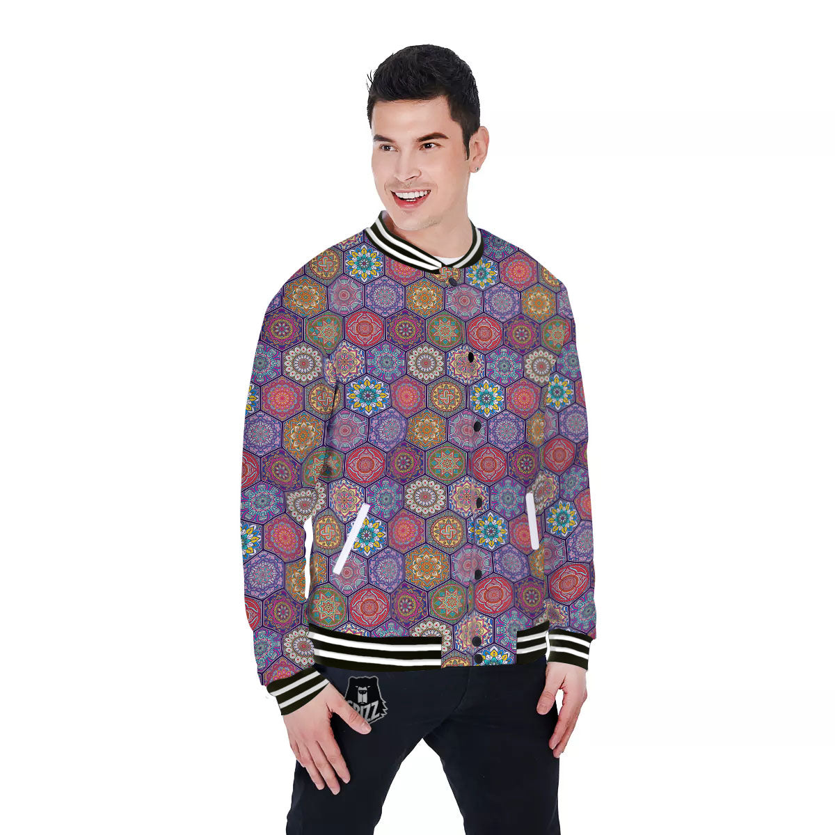 Bohemian Oriental Mandala Print Pattern Baseball Jacket-grizzshop