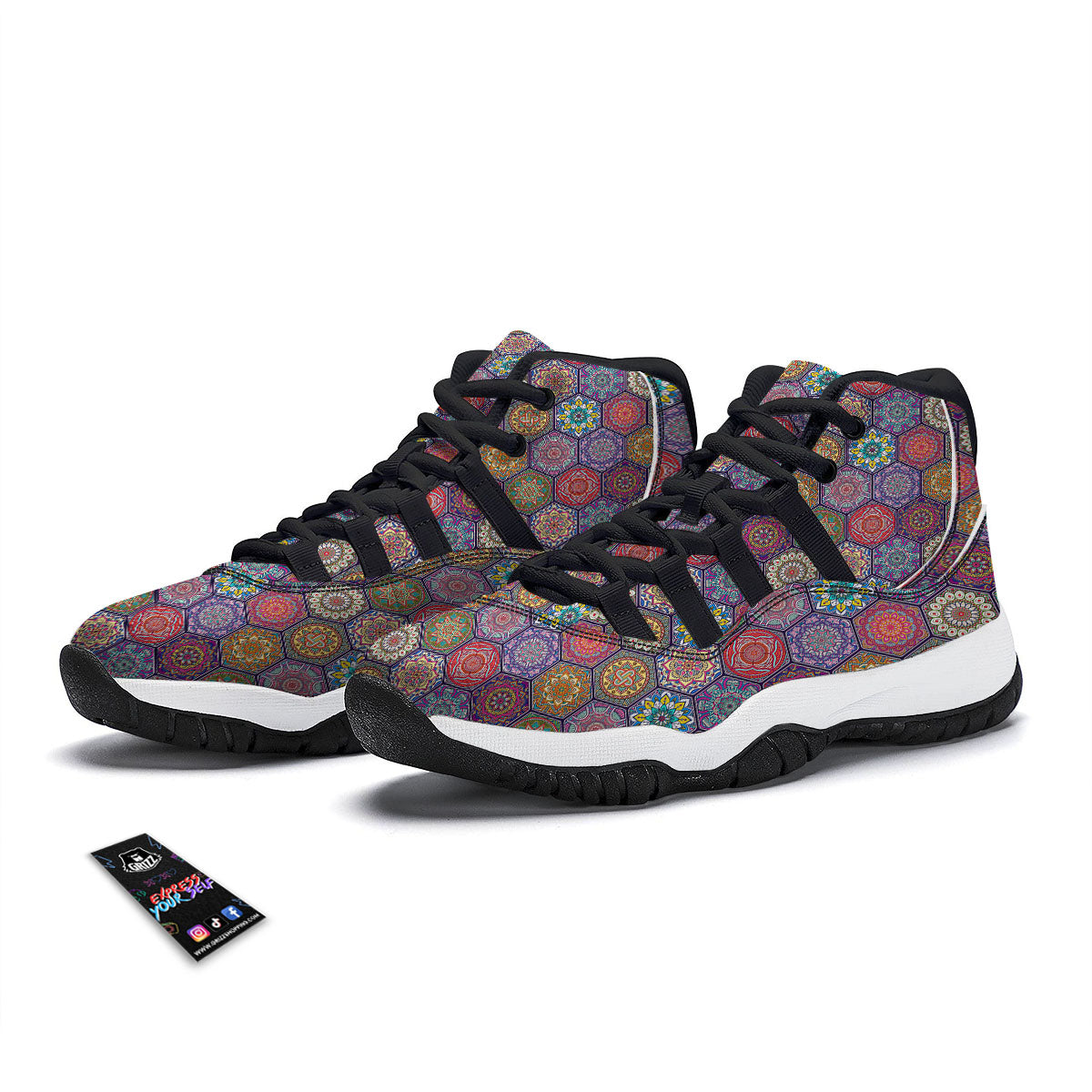 Bohemian Oriental Mandala Print Pattern Black Bball Shoes-grizzshop