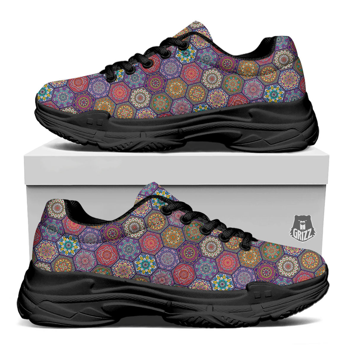 Bohemian Oriental Mandala Print Pattern Black Chunky Shoes-grizzshop