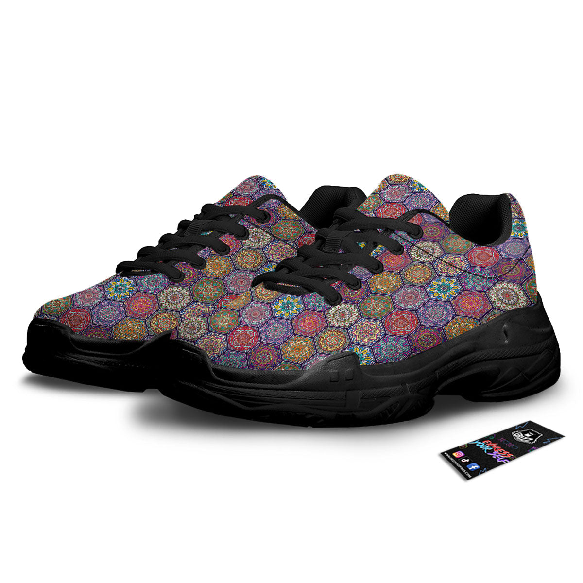 Bohemian Oriental Mandala Print Pattern Black Chunky Shoes-grizzshop