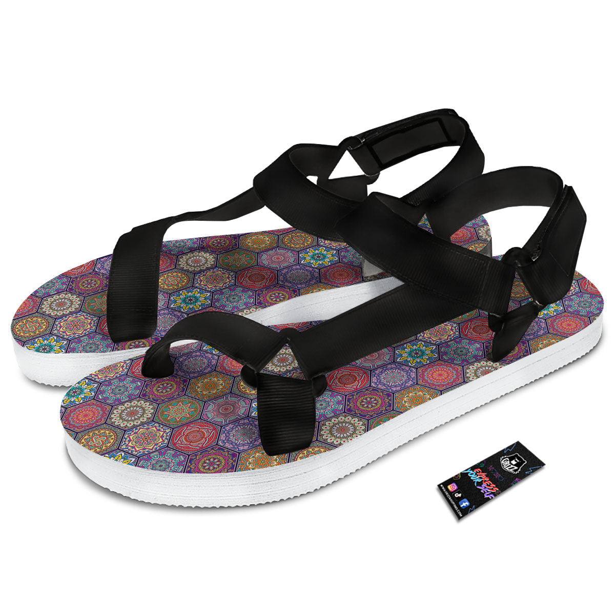 Bohemian Oriental Mandala Print Pattern Black Open Toe Sandals-grizzshop