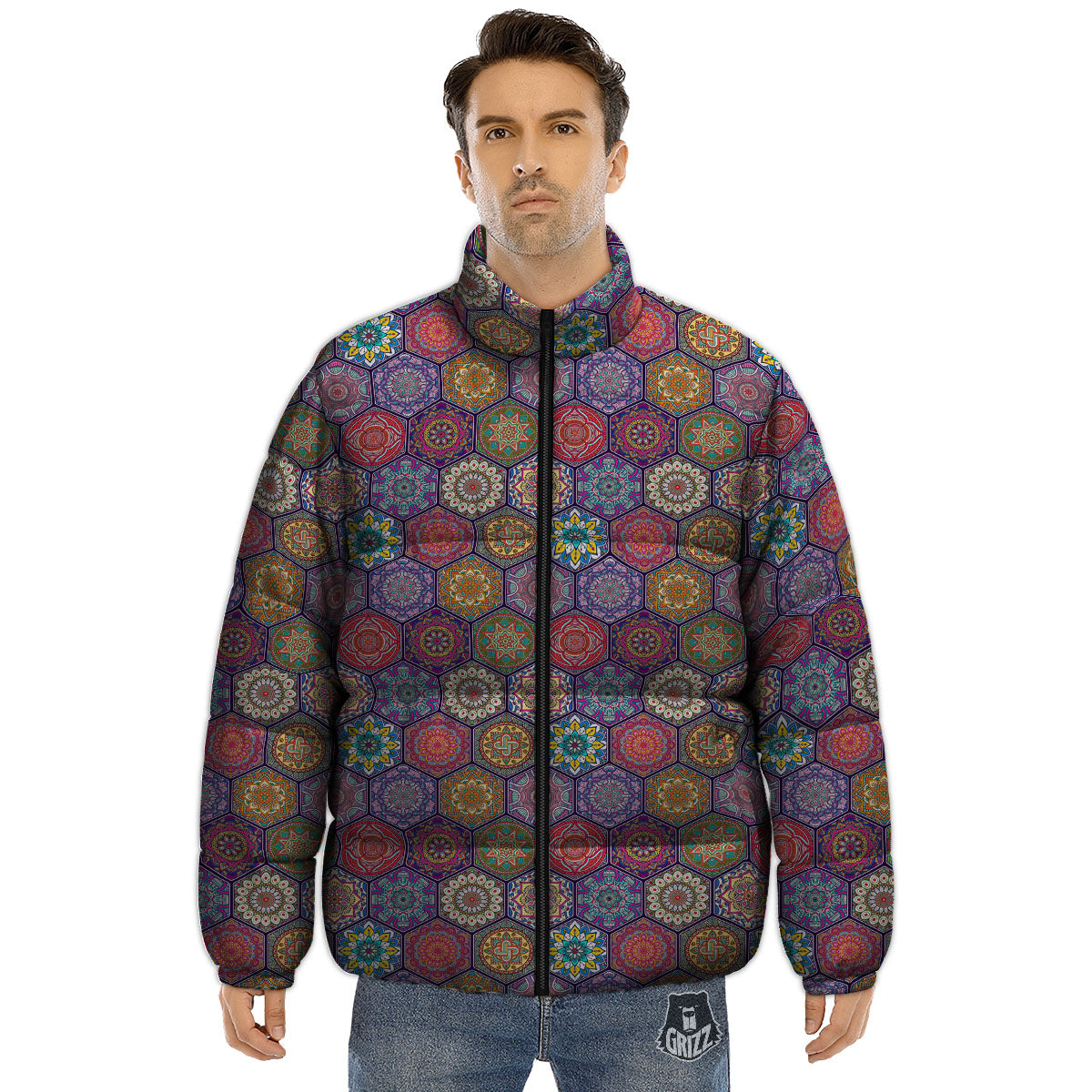 Bohemian Oriental Mandala Print Pattern Puffer Jacket-grizzshop