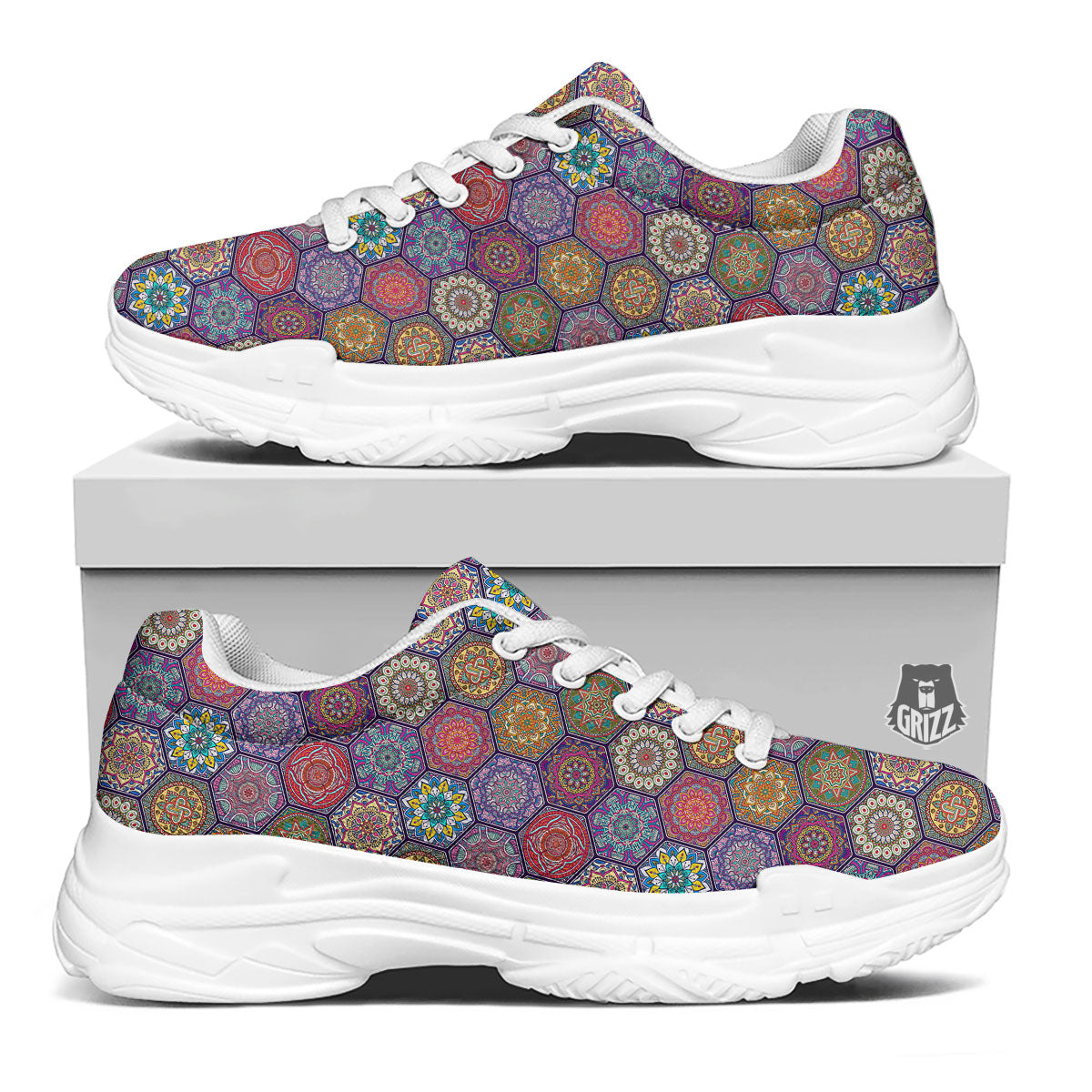 Bohemian Oriental Mandala Print Pattern White Chunky Shoes-grizzshop