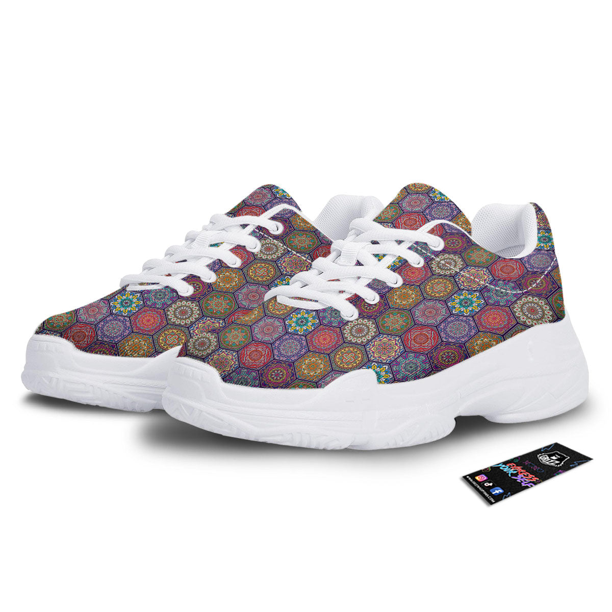 Bohemian Oriental Mandala Print Pattern White Chunky Shoes-grizzshop