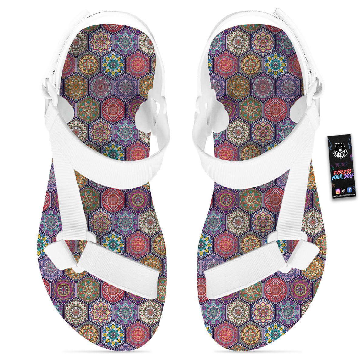 Bohemian Oriental Mandala Print Pattern White Open Toe Sandals-grizzshop