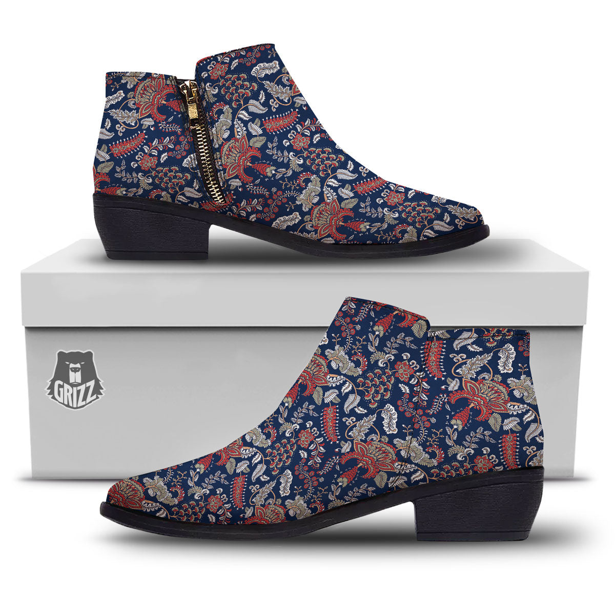 Bohemian Paisley Floral Print Pattern Ankle Boots-grizzshop
