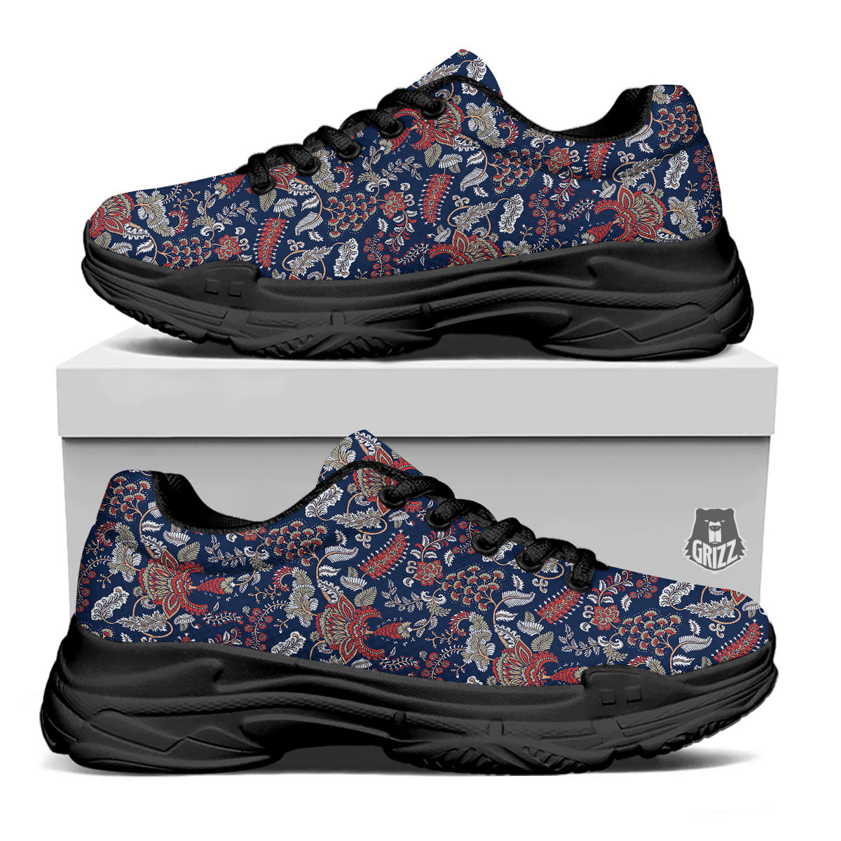Bohemian Paisley Floral Print Pattern Black Chunky Shoes-grizzshop