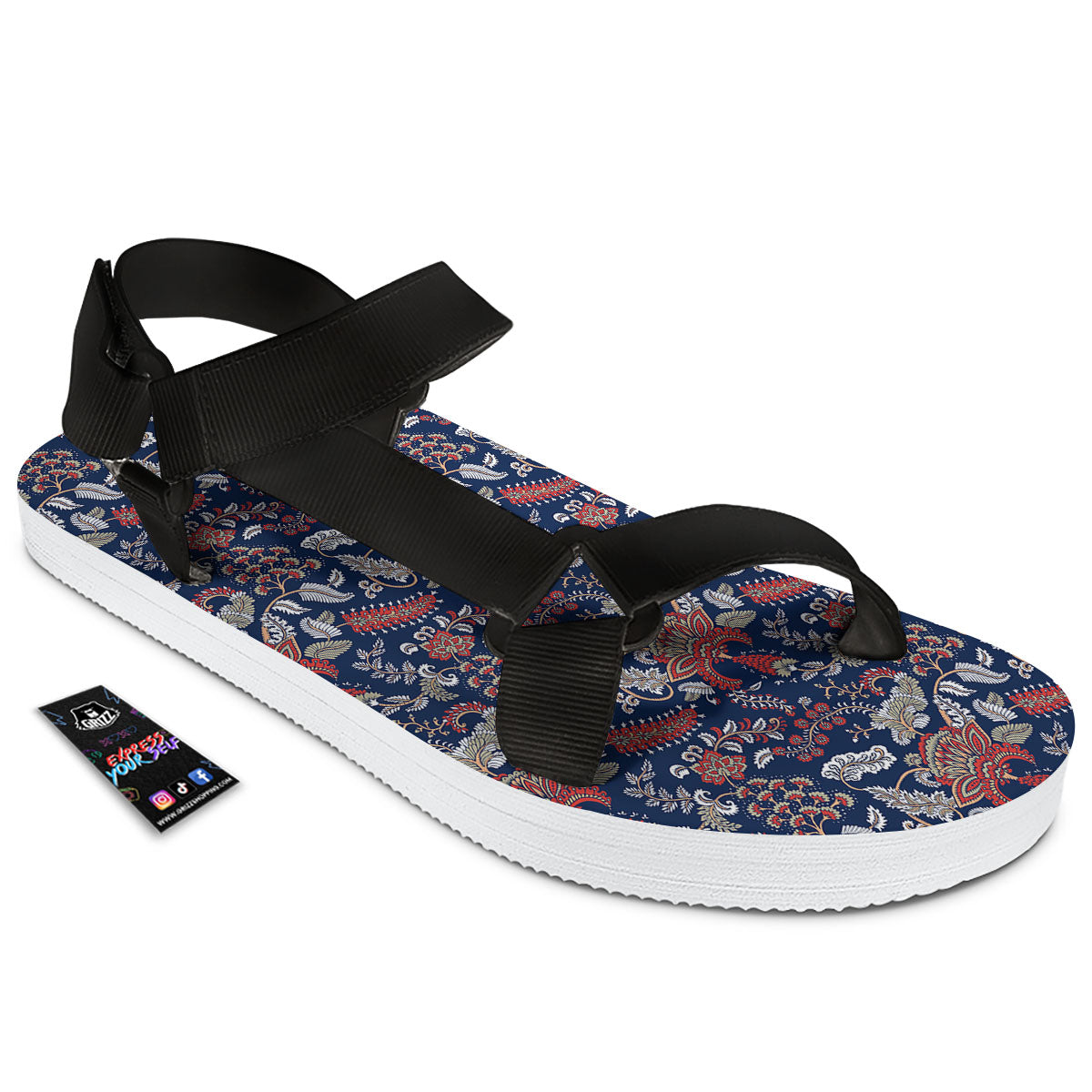 Bohemian Paisley Floral Print Pattern Black Open Toe Sandals-grizzshop