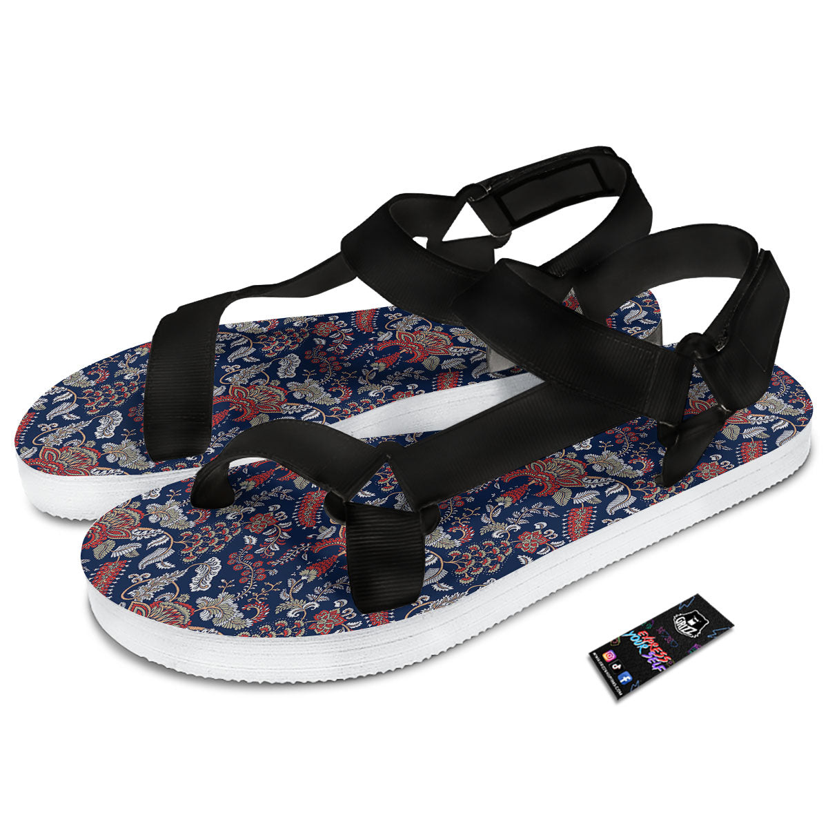 Bohemian Paisley Floral Print Pattern Black Open Toe Sandals-grizzshop