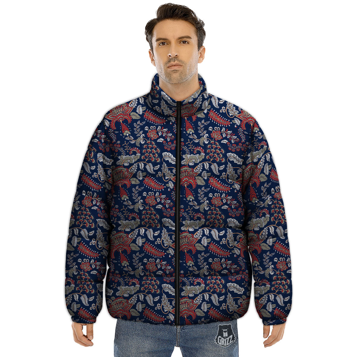 Bohemian Paisley Floral Print Pattern Puffer Jacket-grizzshop