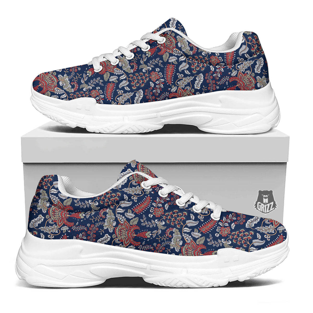 Bohemian Paisley Floral Print Pattern White Chunky Shoes-grizzshop
