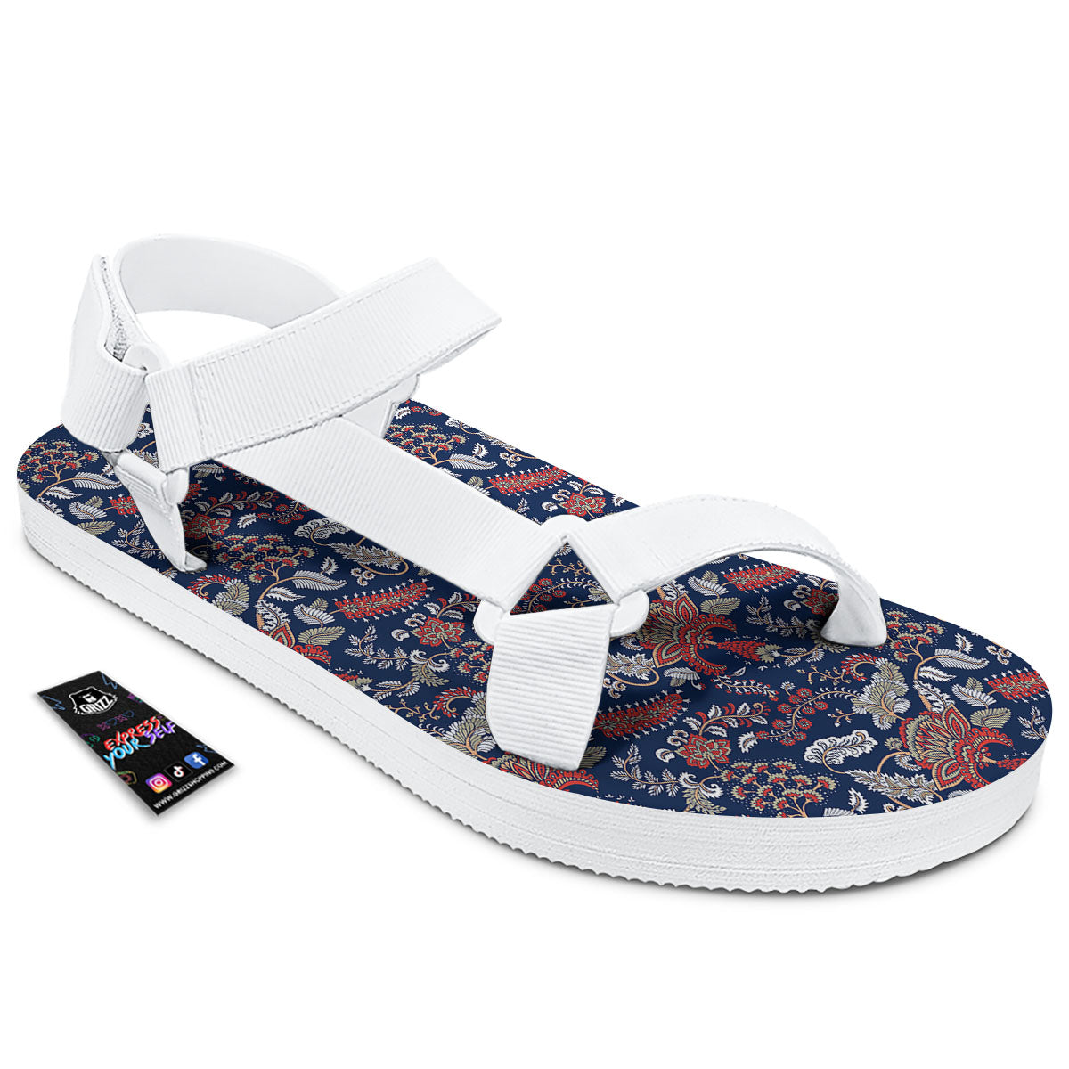 Bohemian Paisley Floral Print Pattern White Open Toe Sandals-grizzshop
