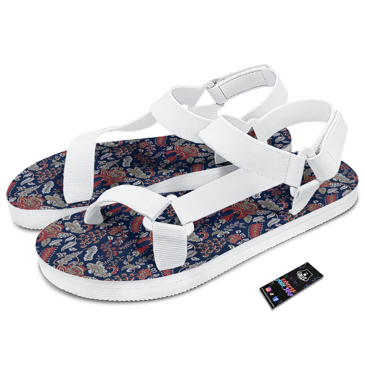 Bohemian Paisley Floral Print Pattern White Open Toe Sandals-grizzshop
