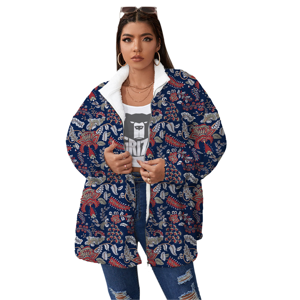 Bohemian Paisley Floral Print Pattern Women's Sherpa Jacket-grizzshop