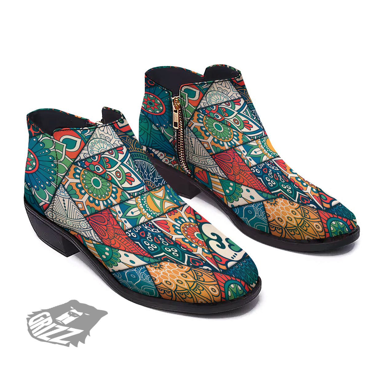 Bohemian Patchwork Mandala Print Pattern Ankle Boots-grizzshop