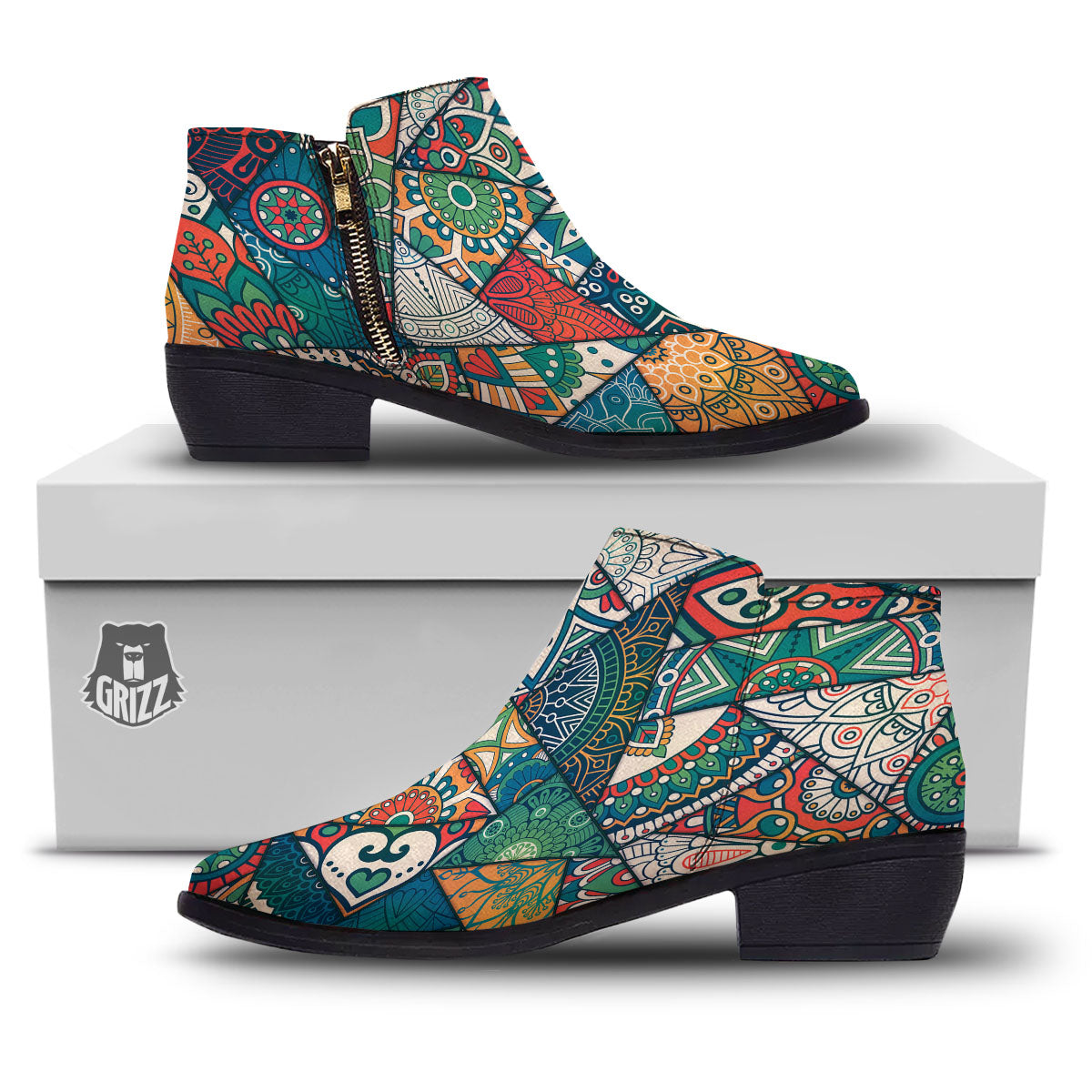 Bohemian Patchwork Mandala Print Pattern Ankle Boots-grizzshop
