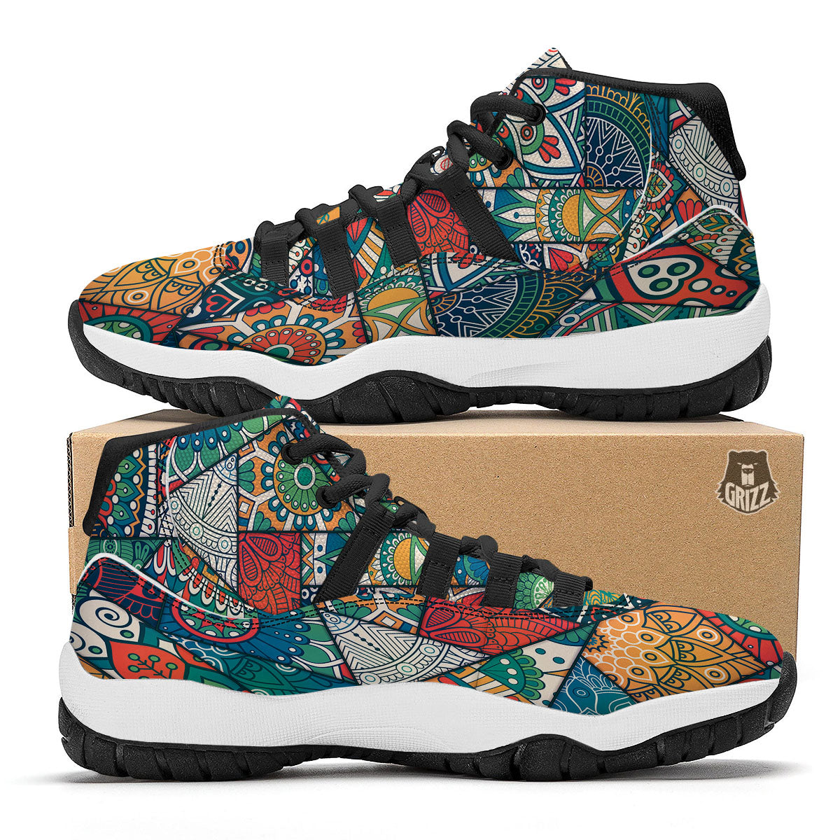 Bohemian Patchwork Mandala Print Pattern Black Bball Shoes-grizzshop