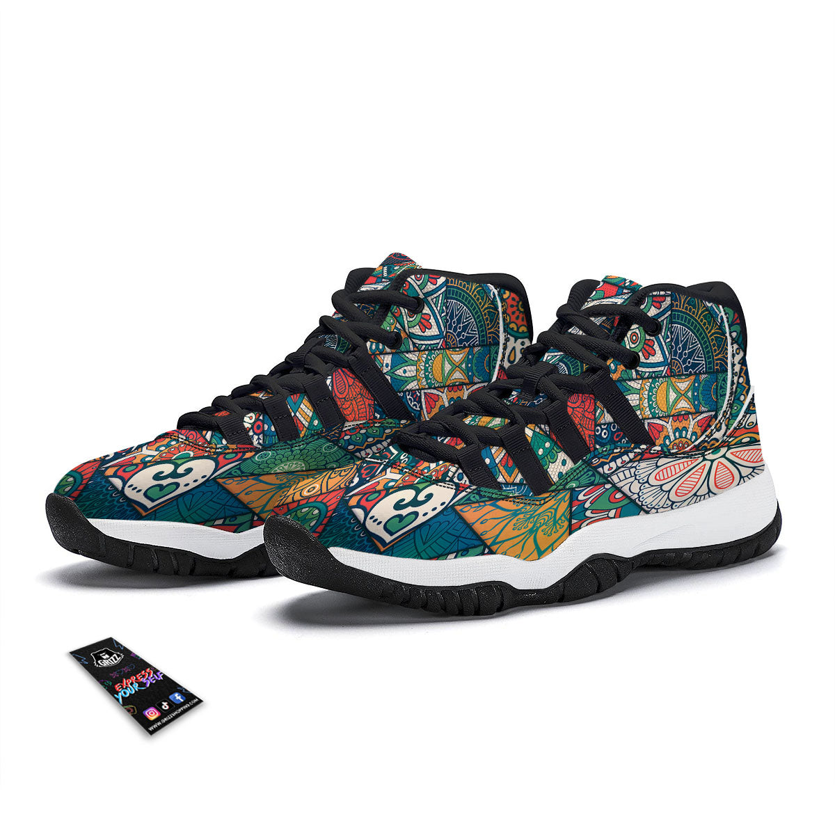 Bohemian Patchwork Mandala Print Pattern Black Bball Shoes-grizzshop