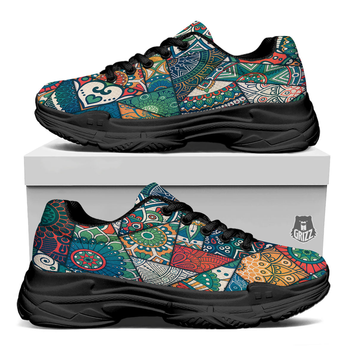 Bohemian Patchwork Mandala Print Pattern Black Chunky Shoes-grizzshop
