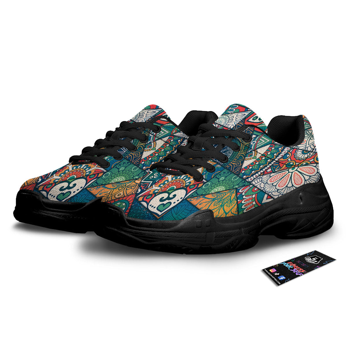 Bohemian Patchwork Mandala Print Pattern Black Chunky Shoes-grizzshop