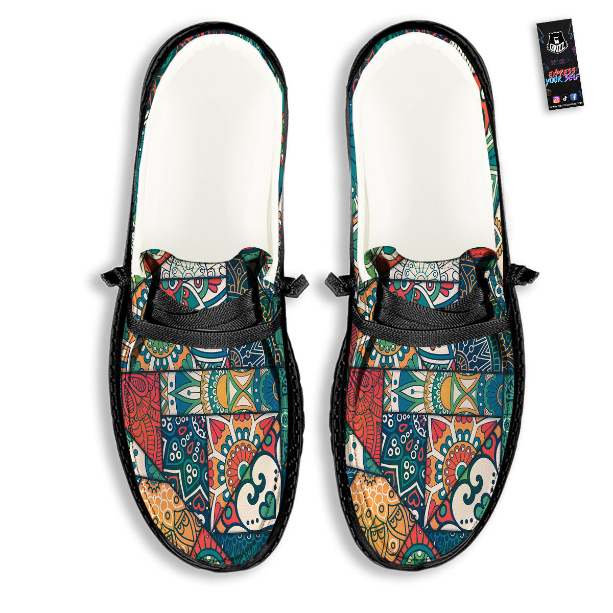 Bohemian Patchwork Mandala Print Pattern Black Loafers-grizzshop