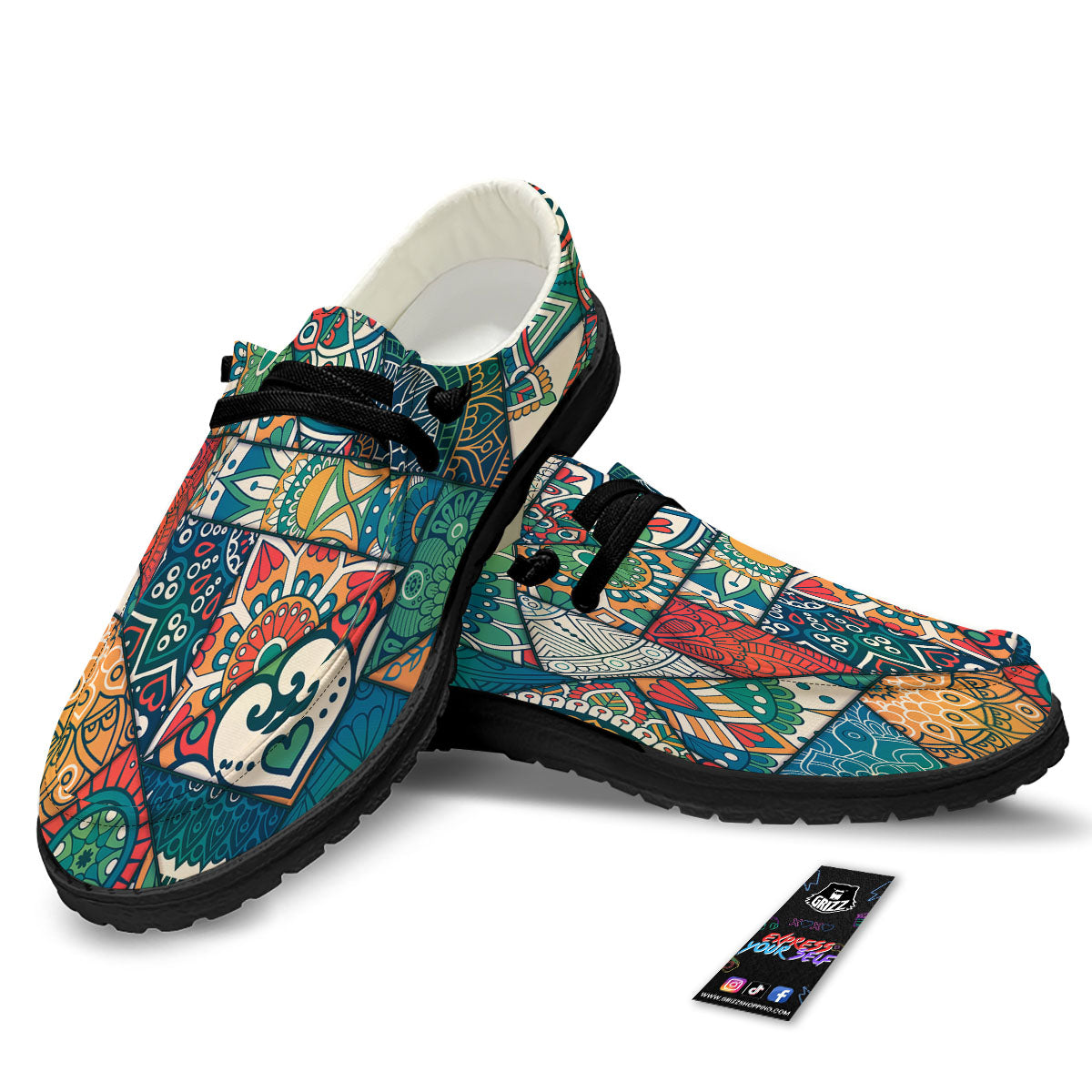 Bohemian Patchwork Mandala Print Pattern Black Loafers-grizzshop