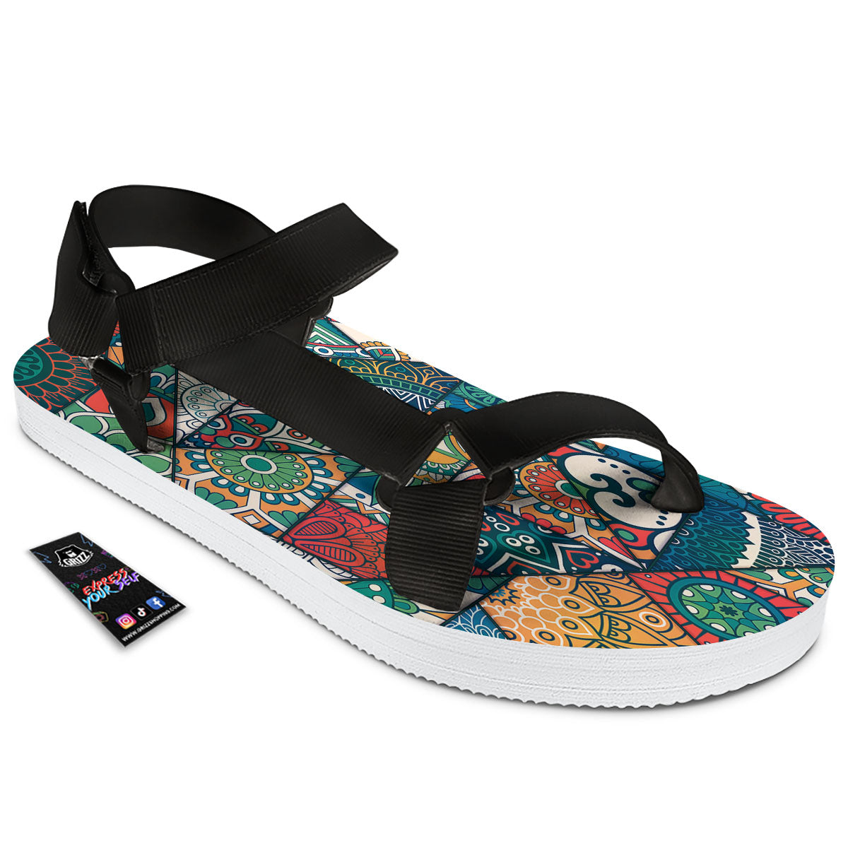 Bohemian Patchwork Mandala Print Pattern Black Open Toe Sandals-grizzshop