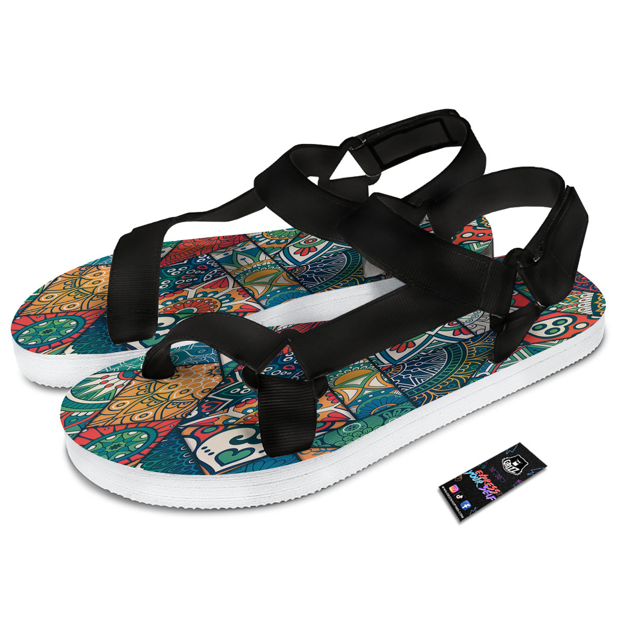 Bohemian Patchwork Mandala Print Pattern Black Open Toe Sandals-grizzshop