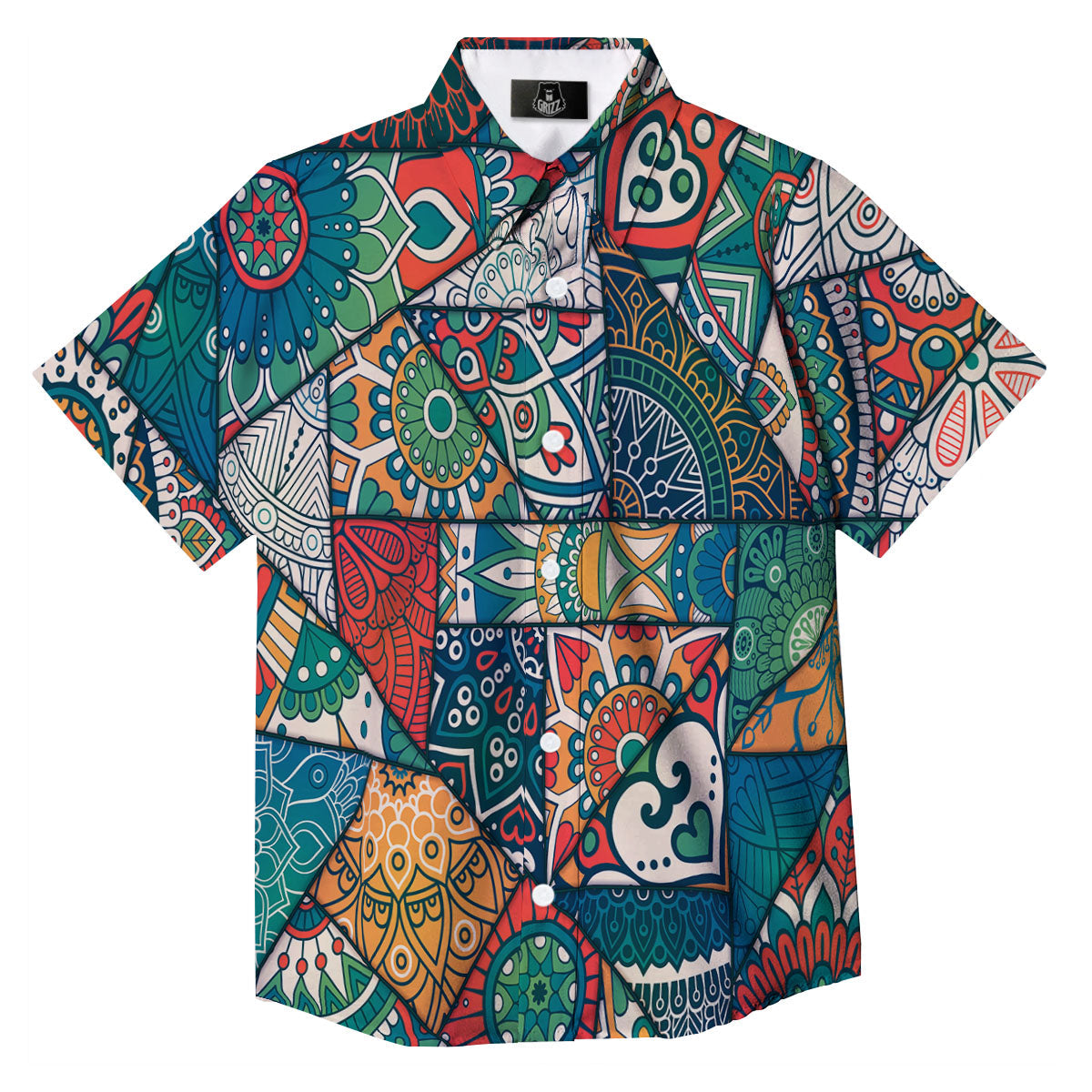 Bohemian Patchwork Mandala Print Pattern Button Up Shirt-grizzshop