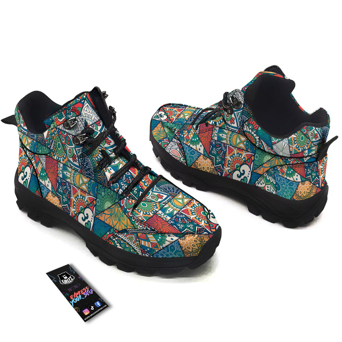 Bohemian Patchwork Mandala Print Pattern Hiking Shoes-grizzshop
