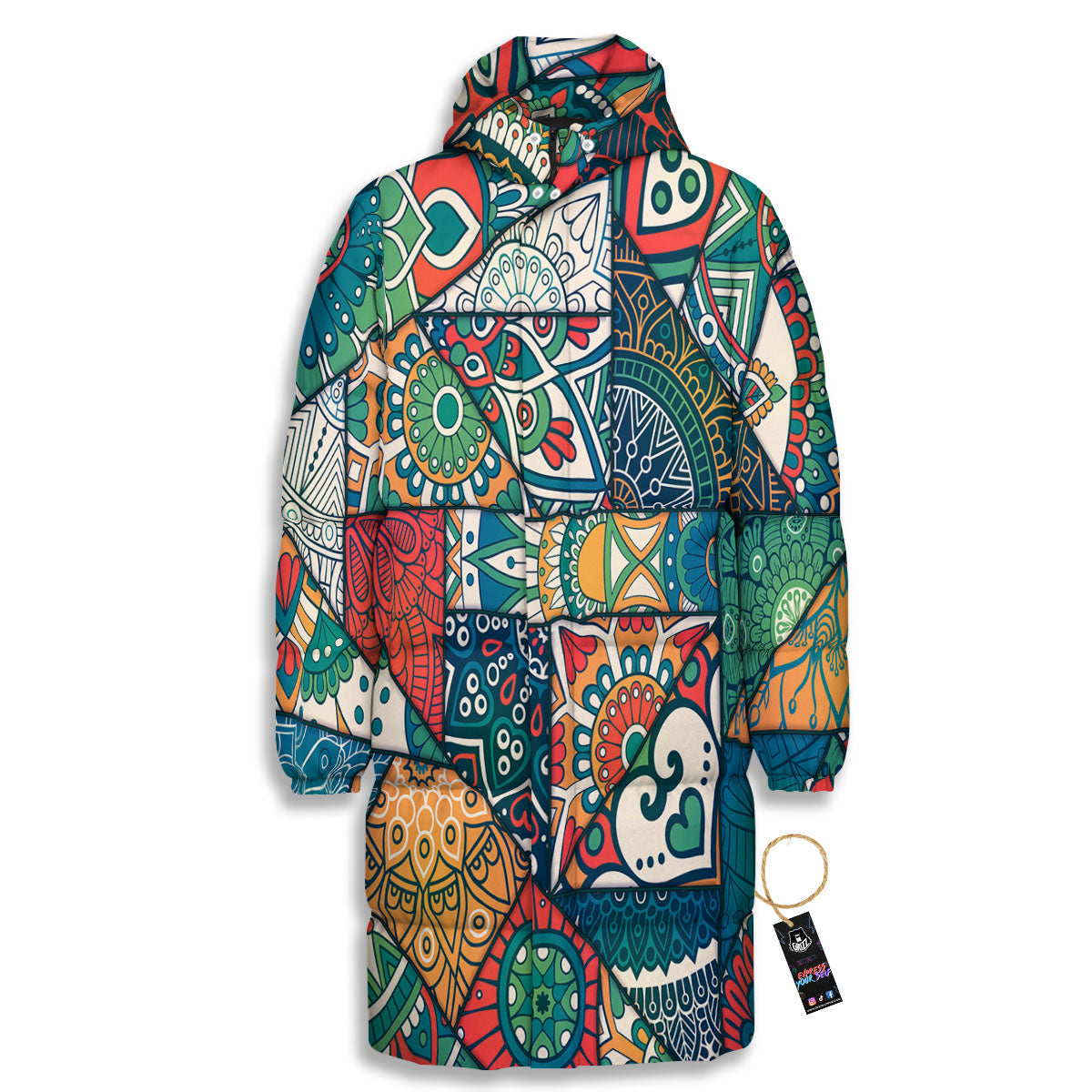 Bohemian Patchwork Mandala Print Pattern Long Down Jacket-grizzshop