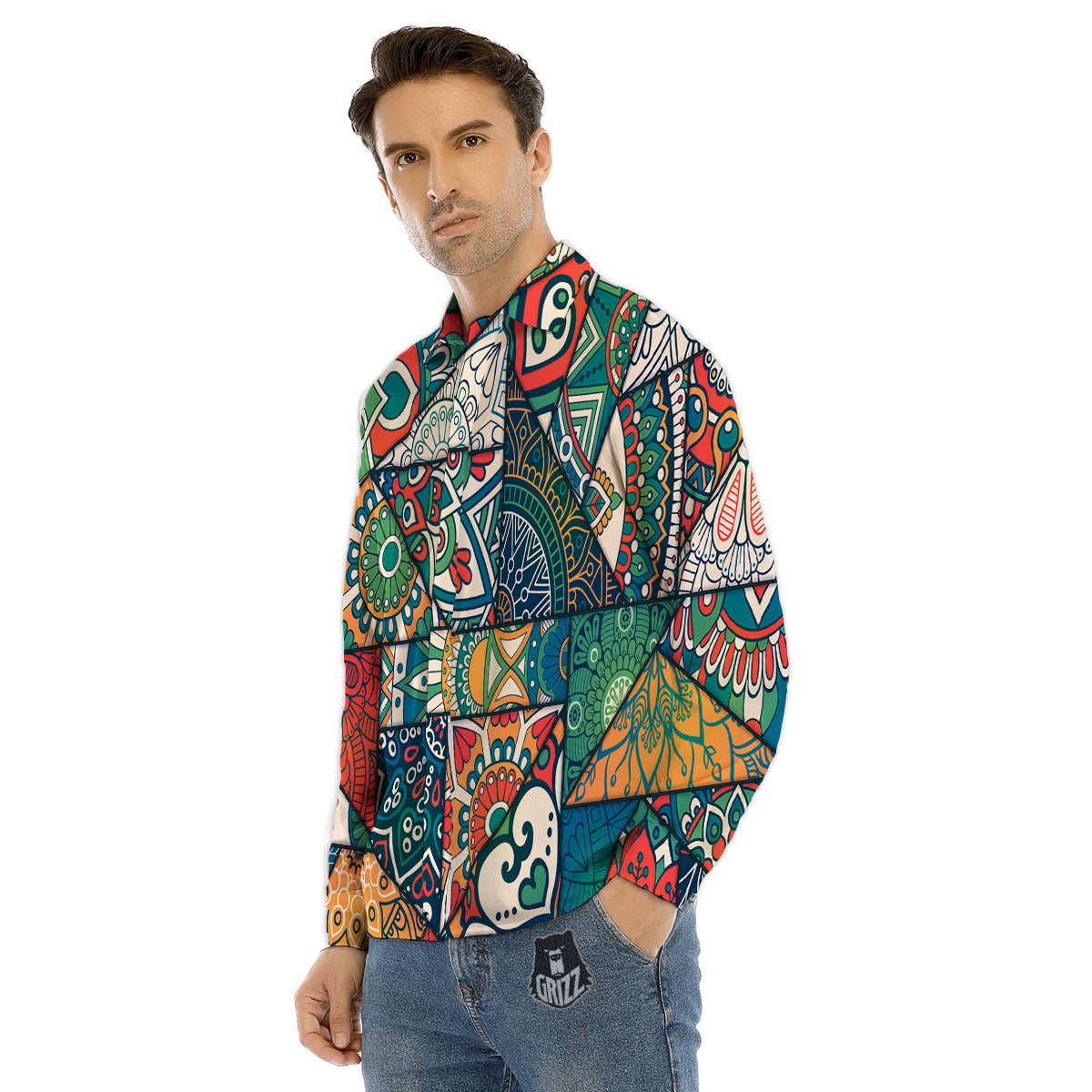 Bohemian Patchwork Mandala Print Pattern Men's Dress Shirts-grizzshop