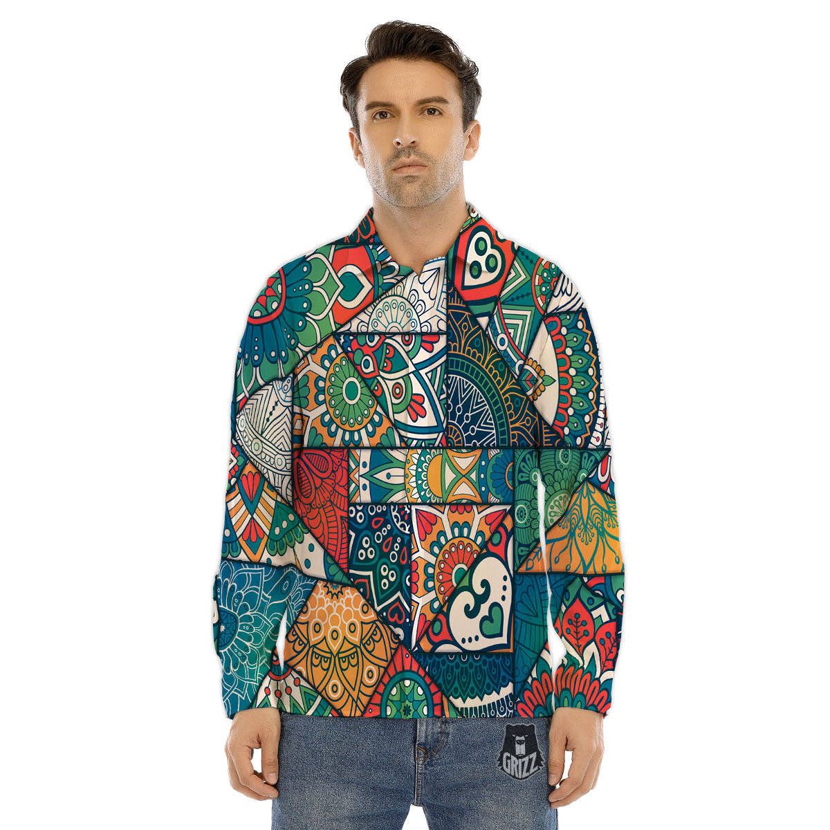 Bohemian Patchwork Mandala Print Pattern Men's Dress Shirts-grizzshop