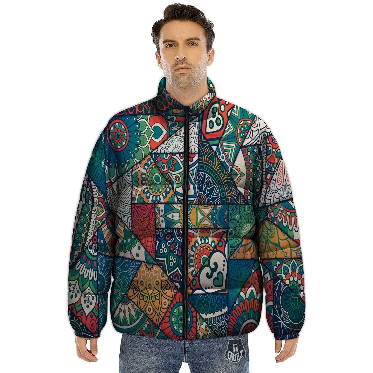 Bohemian Patchwork Mandala Print Pattern Puffer Jacket-grizzshop