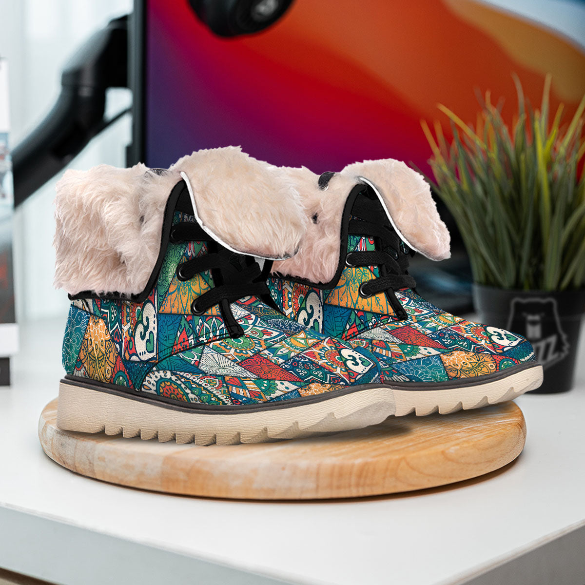 Bohemian Patchwork Mandala Print Pattern Snow Boots-grizzshop