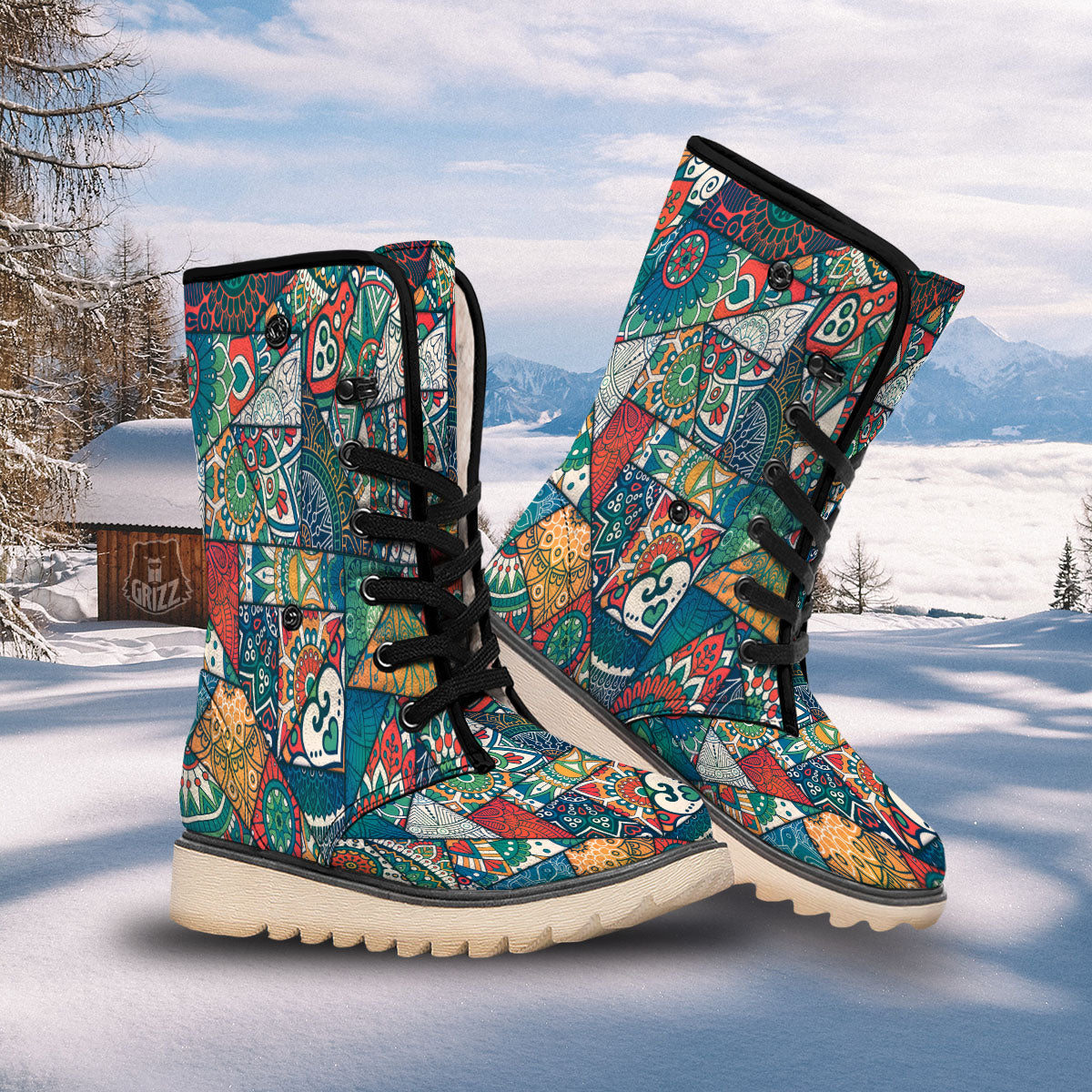 Bohemian Patchwork Mandala Print Pattern Snow Boots-grizzshop