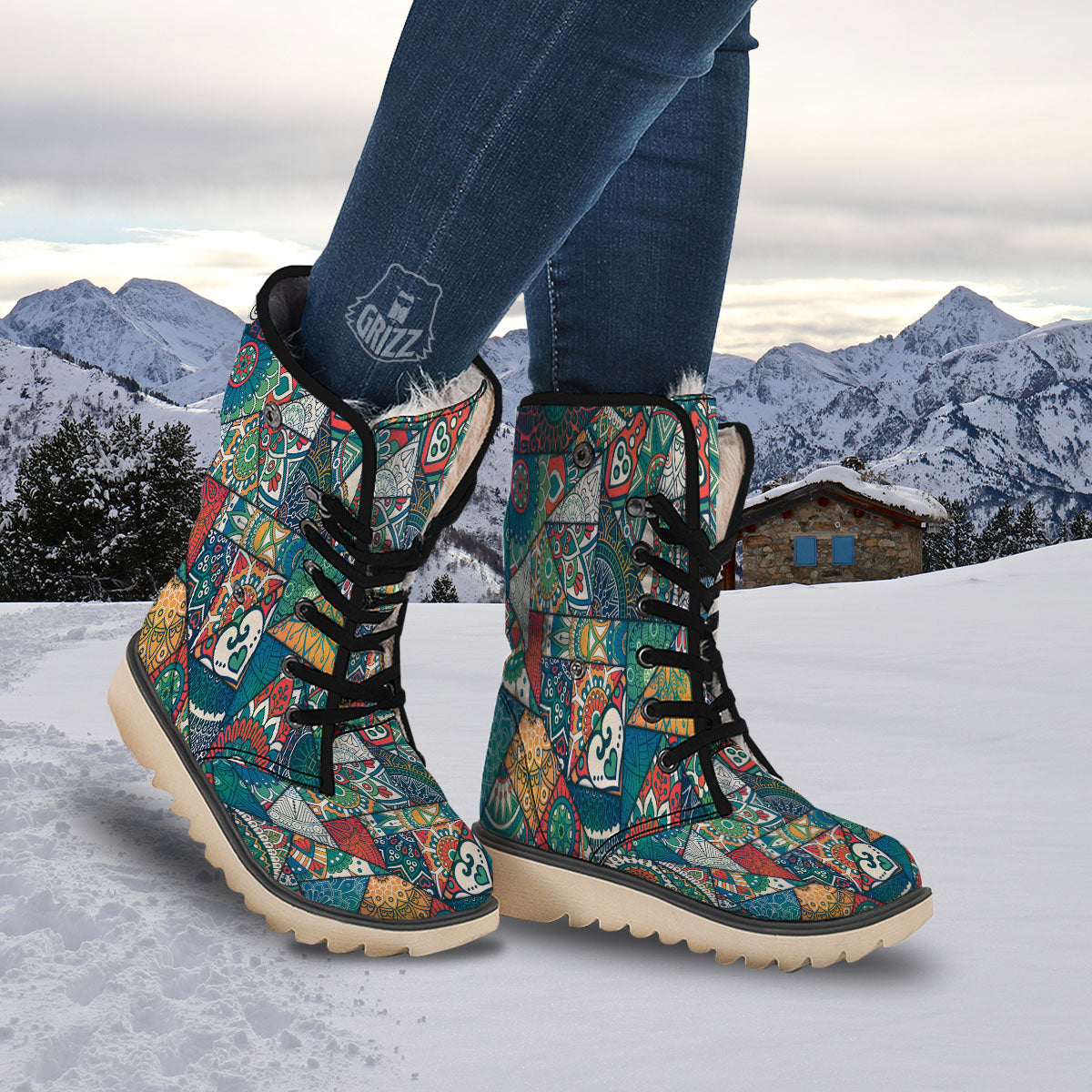 Bohemian Patchwork Mandala Print Pattern Snow Boots-grizzshop