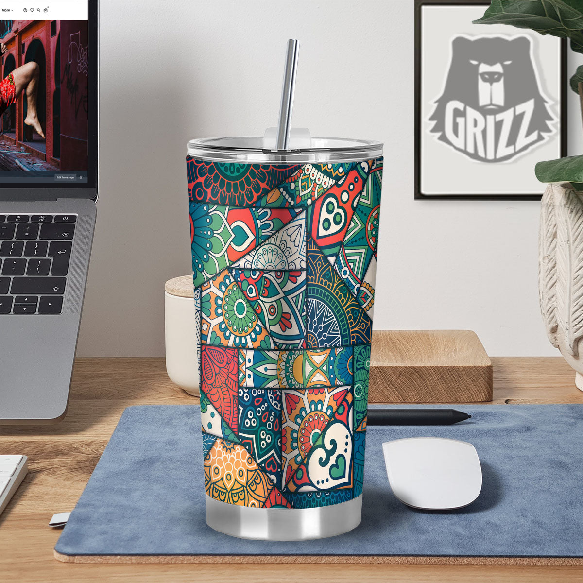 Bohemian Patchwork Mandala Print Pattern Tumbler-grizzshop