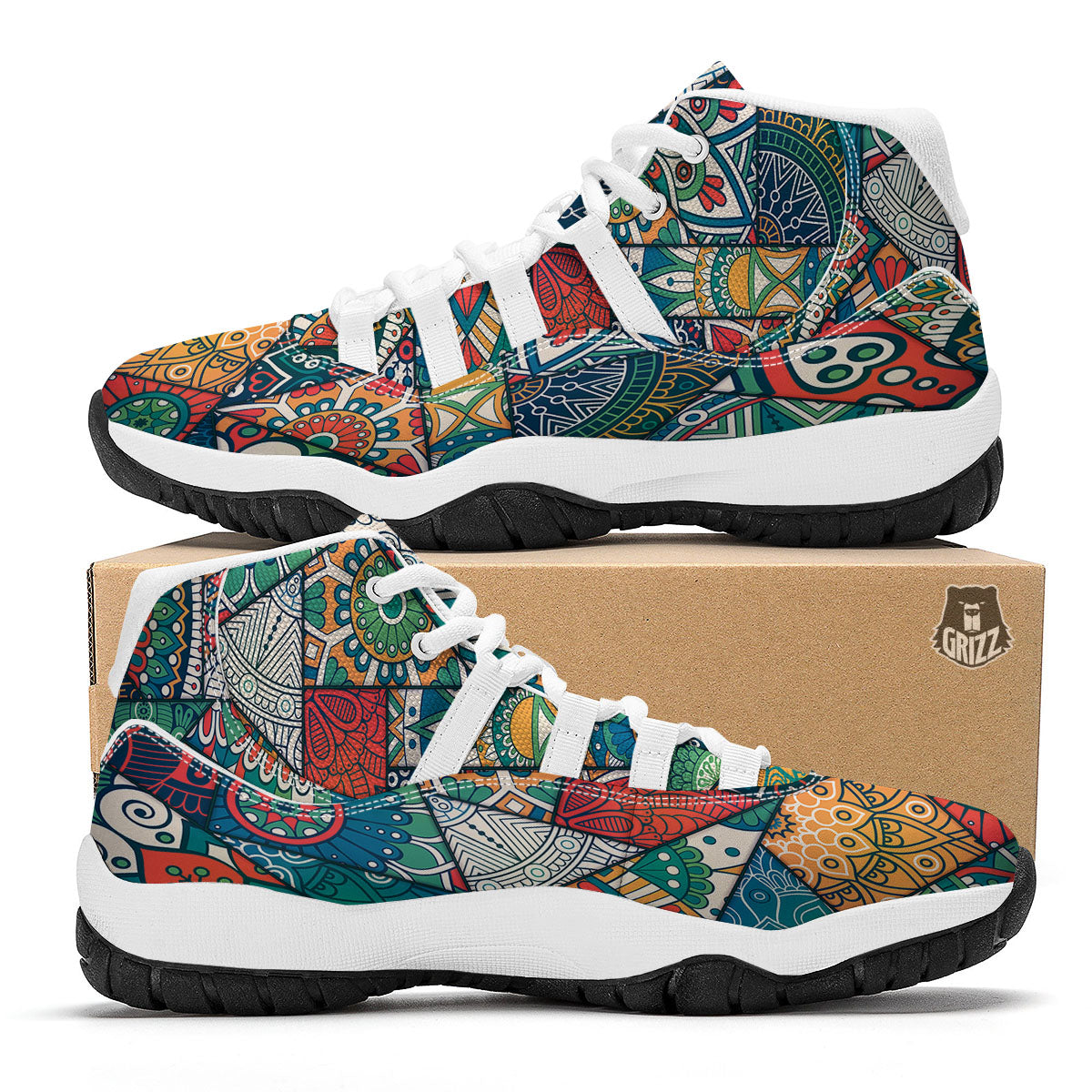 Bohemian Patchwork Mandala Print Pattern White Bball Shoes-grizzshop