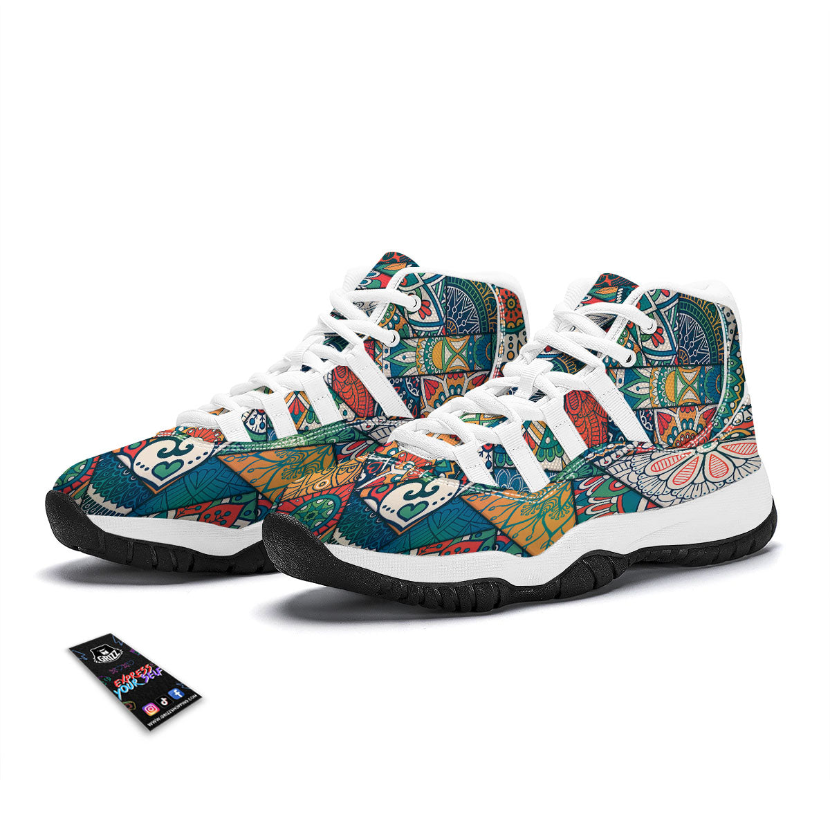 Bohemian Patchwork Mandala Print Pattern White Bball Shoes-grizzshop