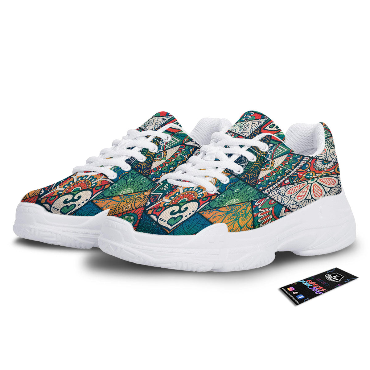 Bohemian Patchwork Mandala Print Pattern White Chunky Shoes-grizzshop
