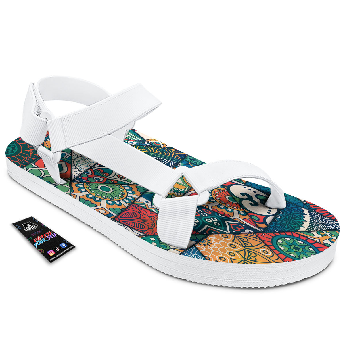 Bohemian Patchwork Mandala Print Pattern White Open Toe Sandals-grizzshop