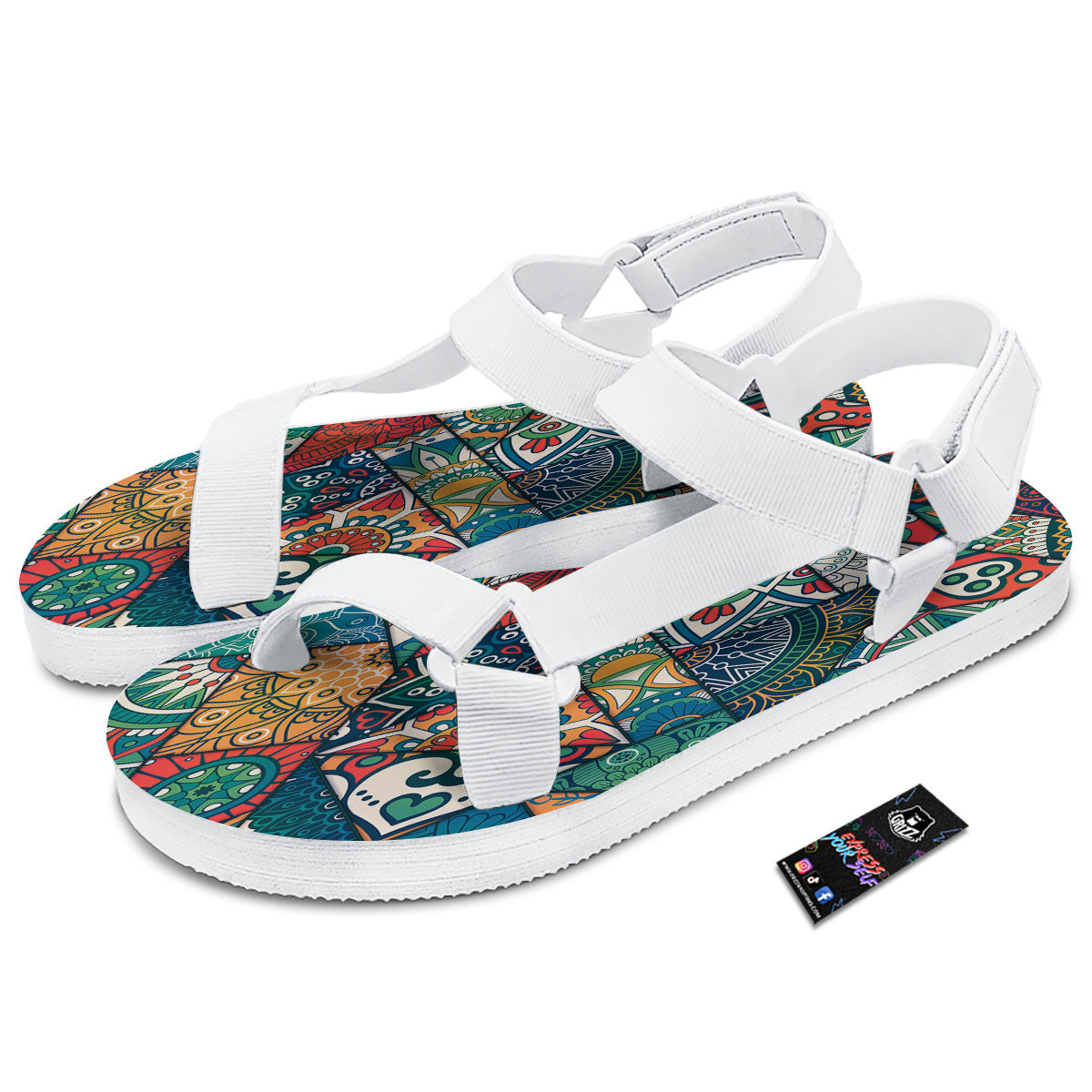 Bohemian Patchwork Mandala Print Pattern White Open Toe Sandals-grizzshop