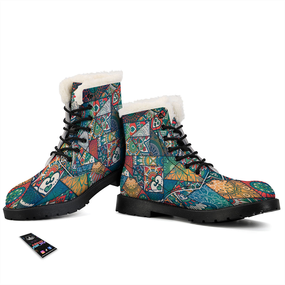 Bohemian Patchwork Mandala Print Pattern Winter Boots-grizzshop