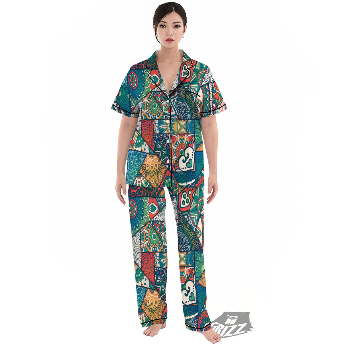 Bohemian Patchwork Mandala Print Pattern Women's Pajamas Set-grizzshop