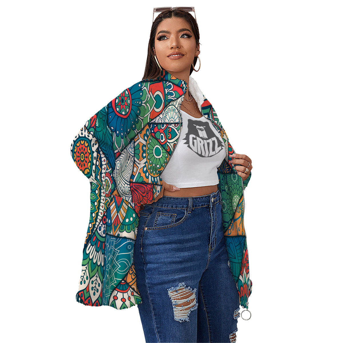 Bohemian Patchwork Mandala Print Pattern Women's Sherpa Jacket-grizzshop
