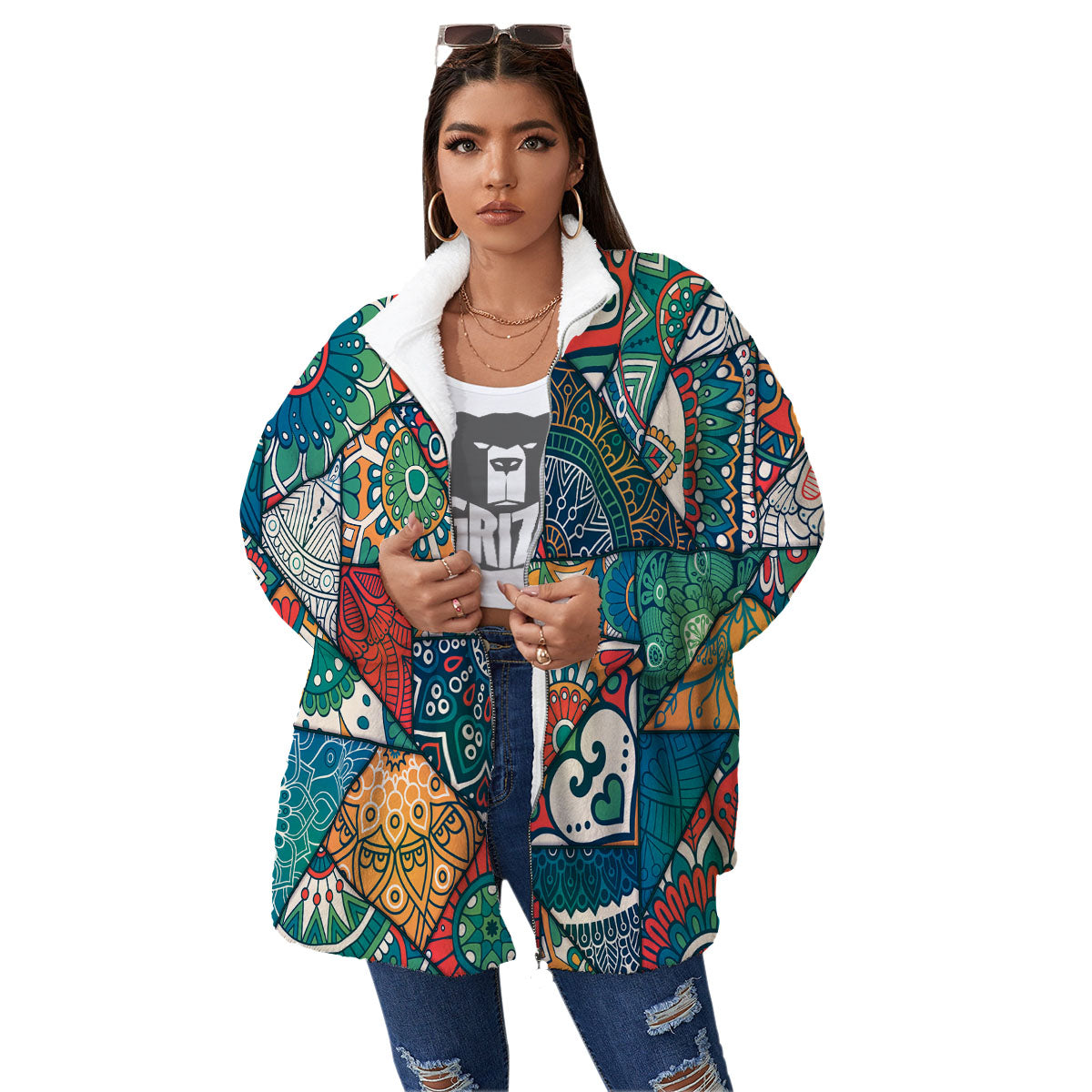 Bohemian Patchwork Mandala Print Pattern Women's Sherpa Jacket-grizzshop